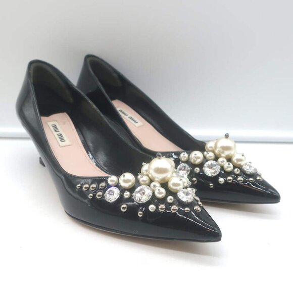 Miu Miu Shoes - Miu Miu Pearl & Crystal-Embellished Low-Heel Pumps Black Patent Leather Size 38